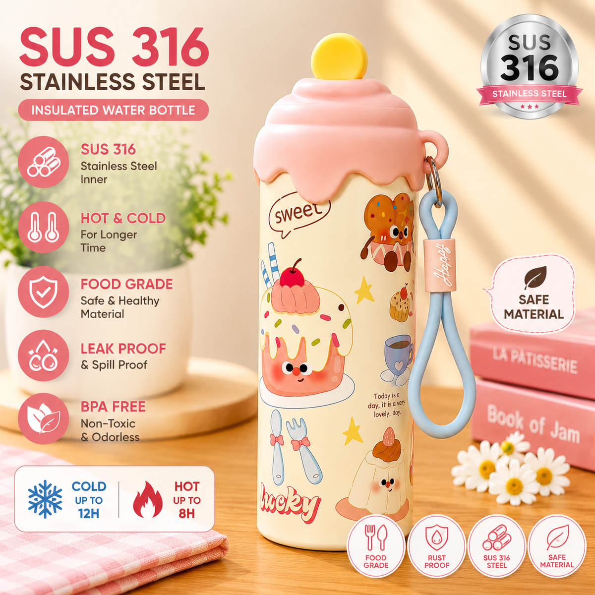 Cute Cartoon Water Bottle with Carrying Strap & Stylish Lid | Reusable Drinking Bottle for All Ages | School, Office, Travel & Daily Use