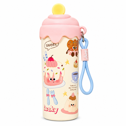 Cute Cartoon Water Bottle with Carrying Strap & Stylish Lid | Reusable Drinking Bottle for All Ages | School, Office, Travel & Daily Use