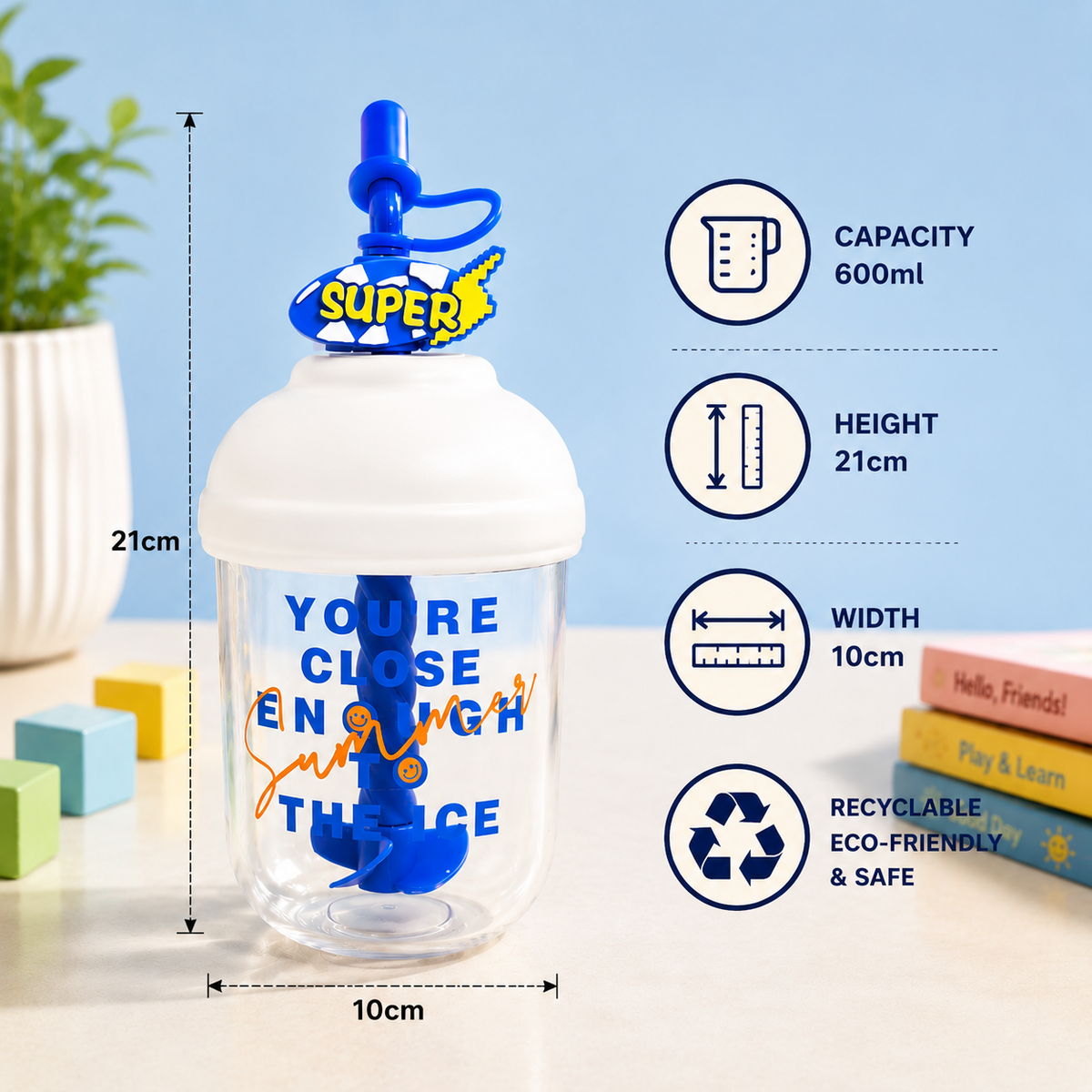 Sipper Cup with Twisted Straw & Spill-Resistant Lid 600 ml Plastic Sipper