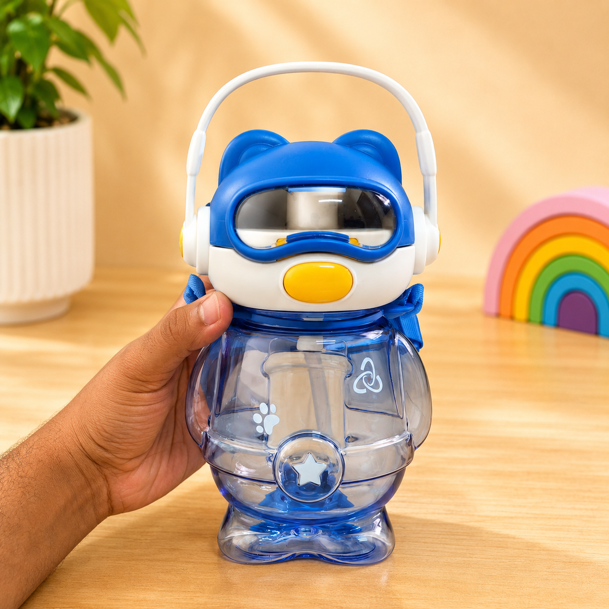 Cute Robot Design Water Bottle with Straw & Carry Handle – Reusable Kids Drinking Bottle - 700ml