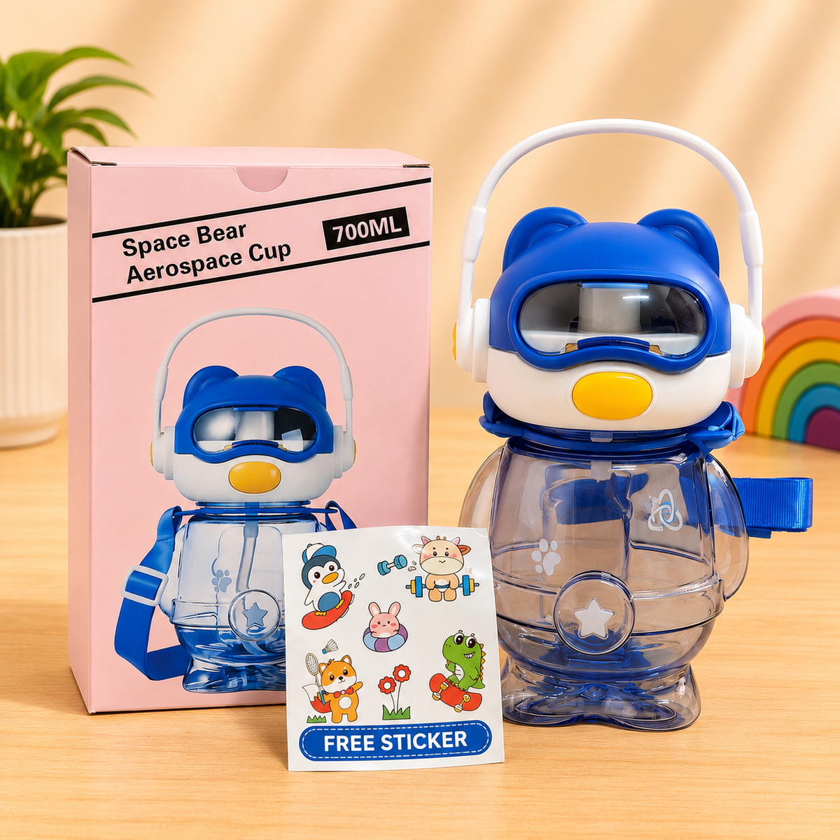 Cute Robot Design Water Bottle with Straw & Carry Handle – Reusable Kids Drinking Bottle - 700ml