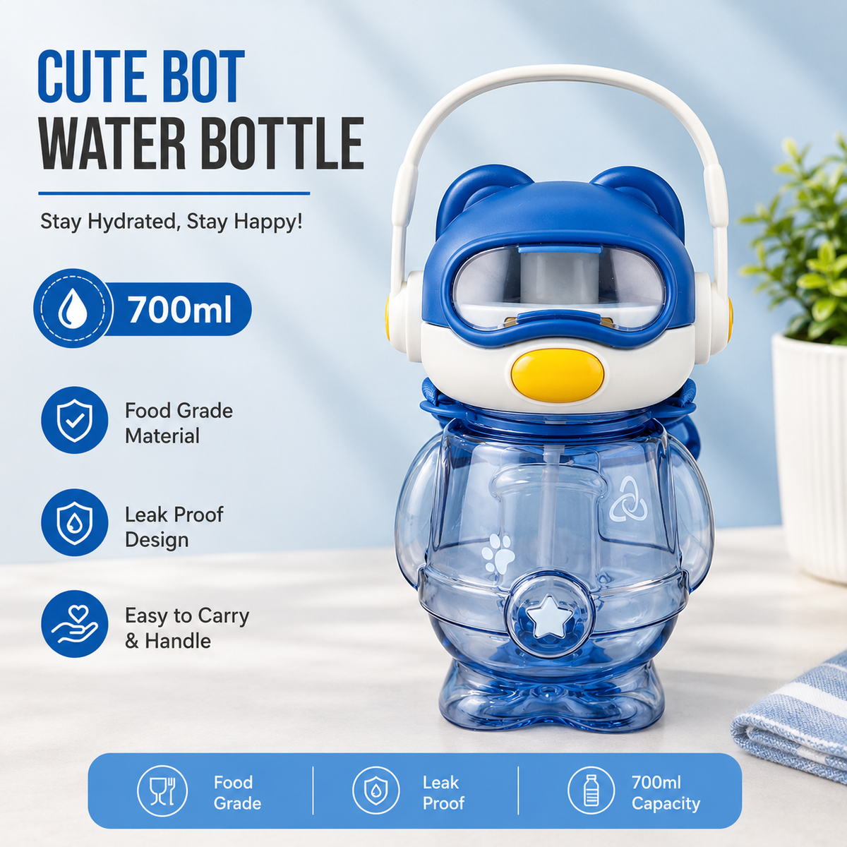 Cute Robot Design Water Bottle with Straw & Carry Handle – Reusable Kids Drinking Bottle - 700ml