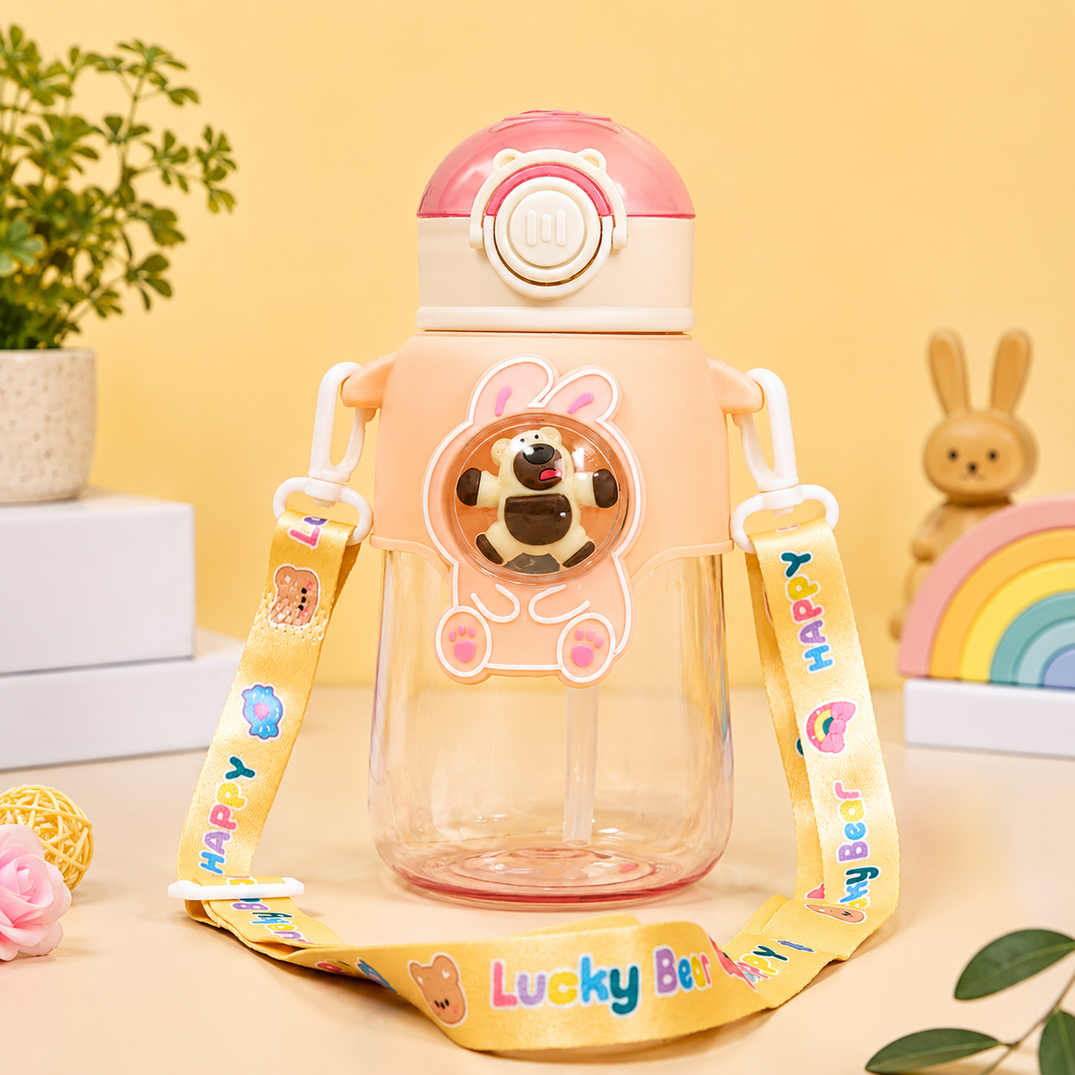 Transparent Bear Character Water Bottle with Carry Strap – Cute Reusable Drinking Bottle - 600ml