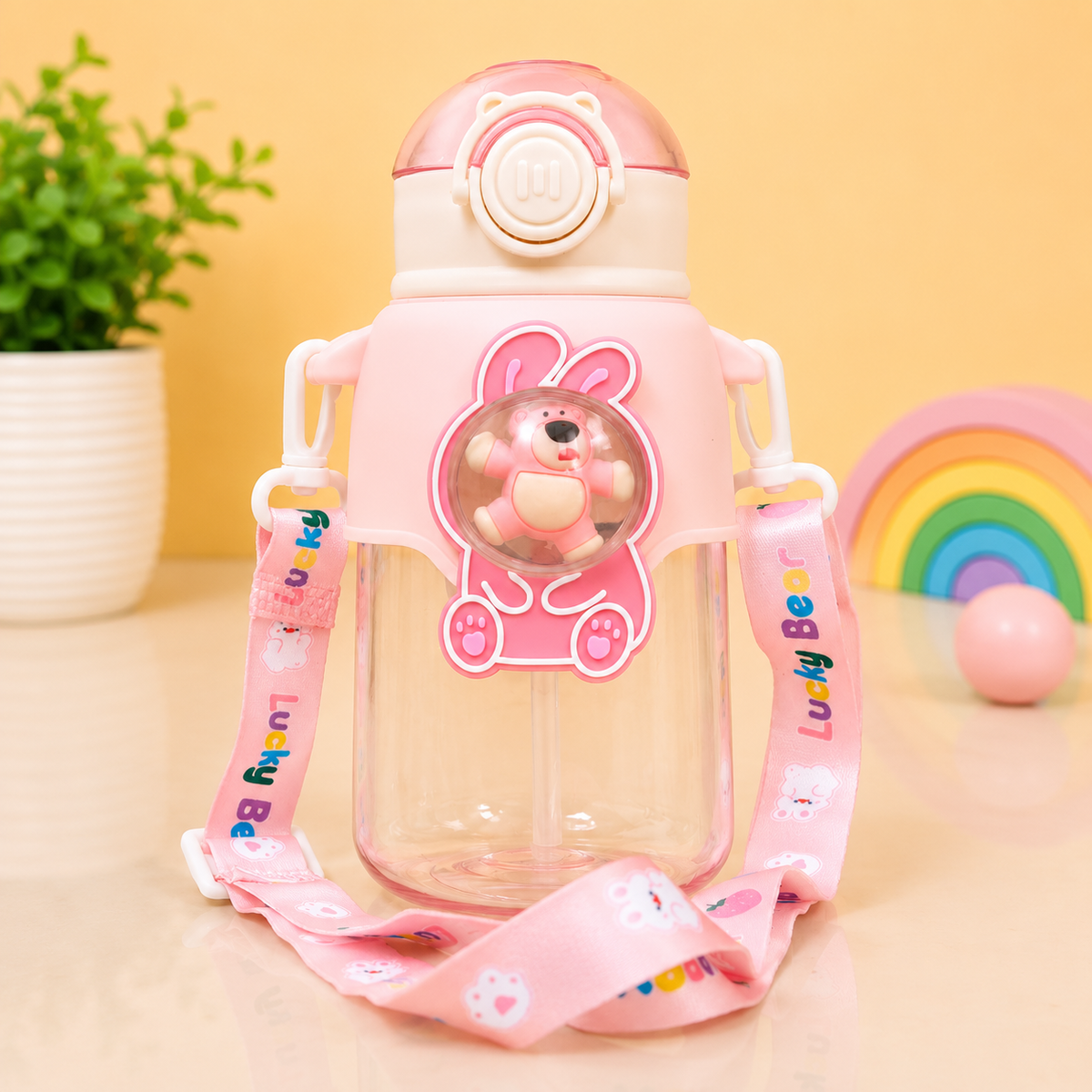 Transparent Bear Character Water Bottle with Carry Strap – Cute Reusable Drinking Bottle - 600ml