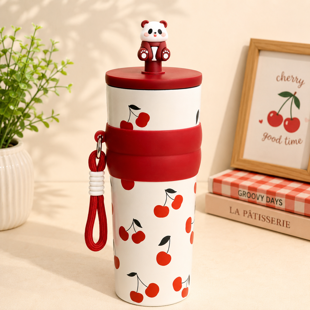 Cute Cartoon Water Bottle with Carrying Strap & Decorative Bear Lid | Reusable Drinking Bottle for All Ages | Stylish Portable Bottle