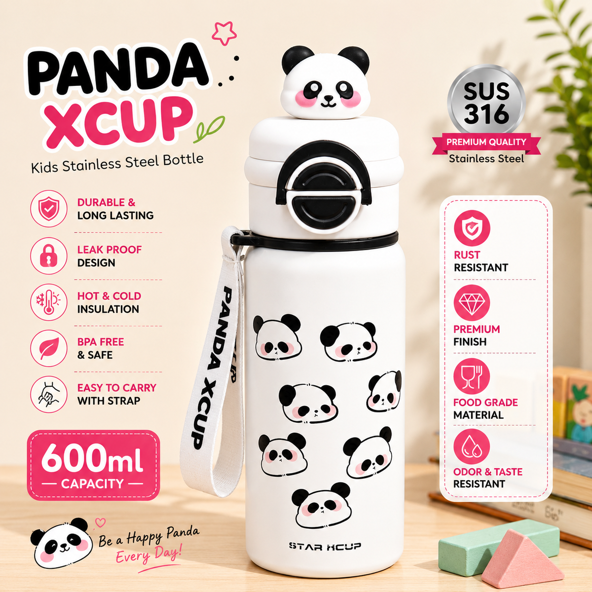 Vaidira Cute Panda Water Bottle | Leak-Proof | Flip Cap & Strap 600 ml Stainless Steel Sipper