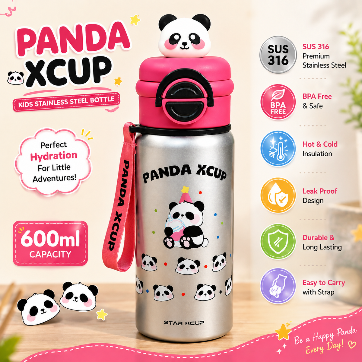 Vaidira Cute Panda Water Bottle | Leak-Proof | Flip Cap & Strap 600 ml Stainless Steel Sipper