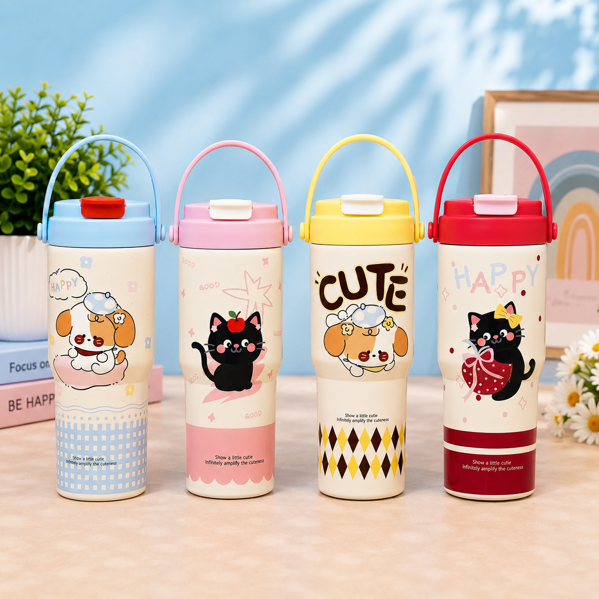 Korean-Style Printed Water Bottle with Carry Handle | Cute Character Design Reusable Drinking Bottle for Home, School, Office & Trave - 750ml