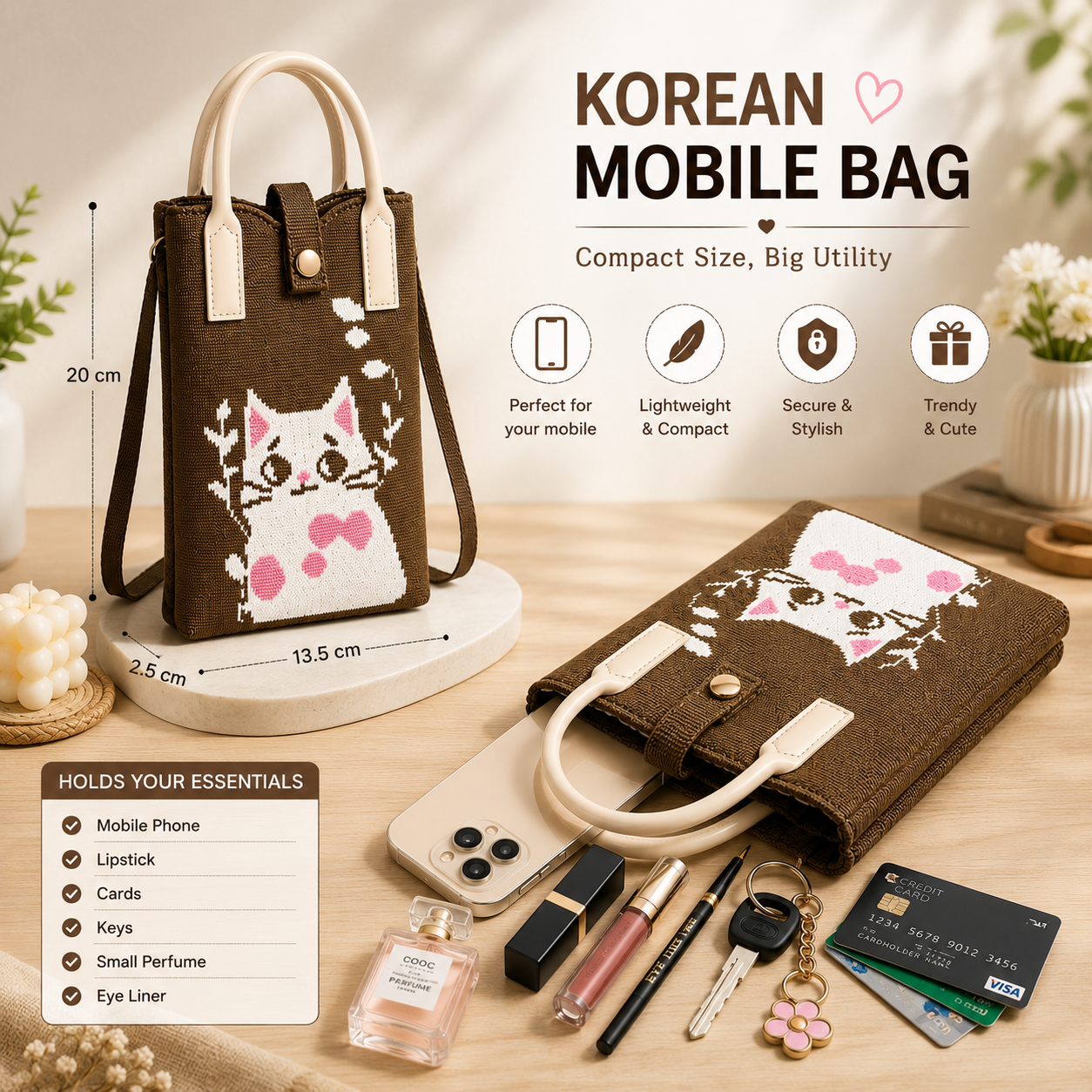 Crossbody Mobile Sling Bag for Women – Cute Utility Bag for Girls & Women, Stylish Phone Pouch with Strap & Silicone Handle, Keychain, Coin, Cosmetics Purse