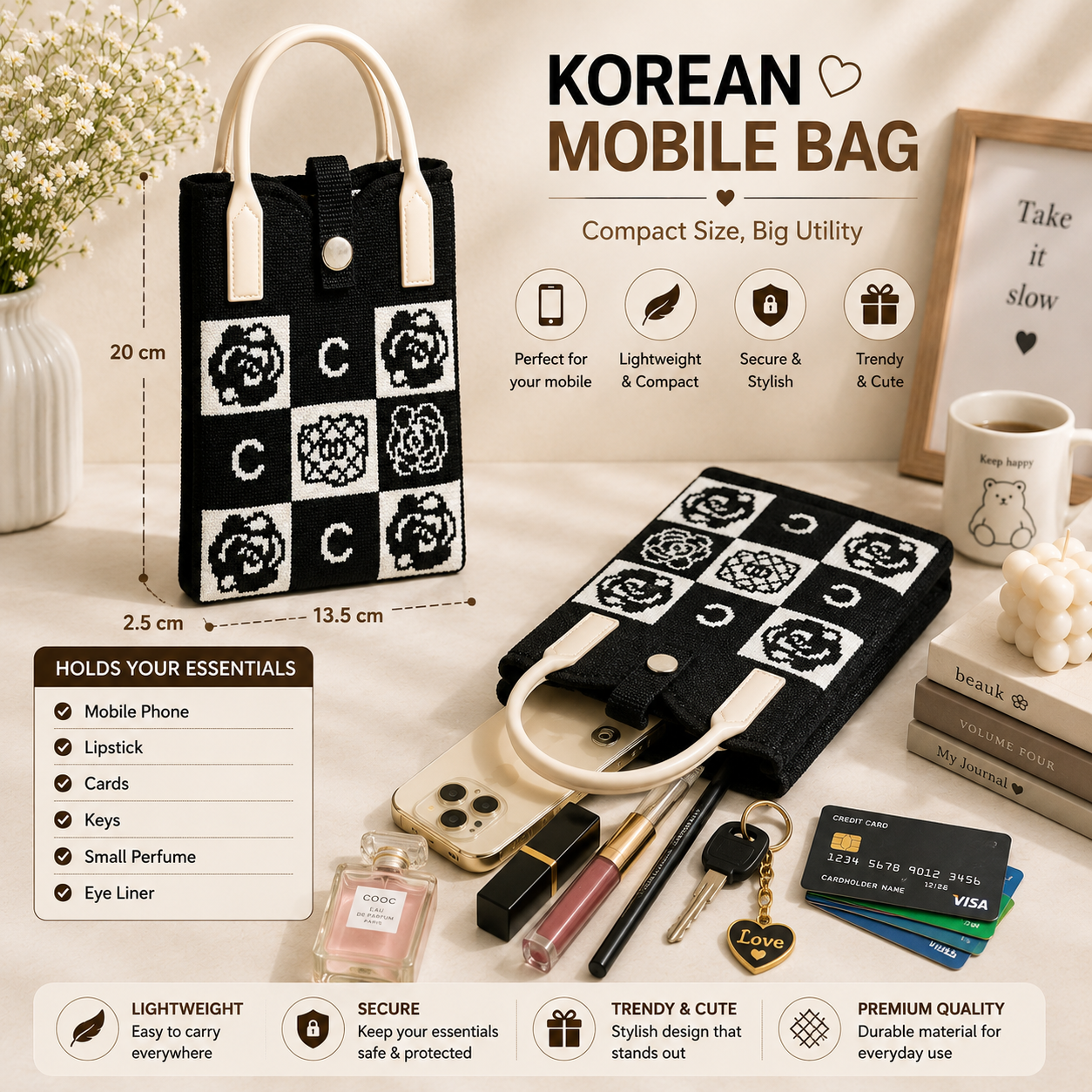 Crossbody Mobile Sling Bag for Women – Cute Utility Bag for Girls & Women, Stylish Phone Pouch with Strap & Silicone Handle, Keychain, Coin, Cosmetics Purse
