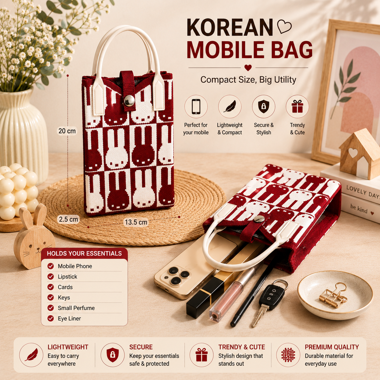 Crossbody Mobile Sling Bag for Women – Cute Utility Bag for Girls & Women, Stylish Phone Pouch with Strap & Silicone Handle, Keychain, Coin, Cosmetics Purse