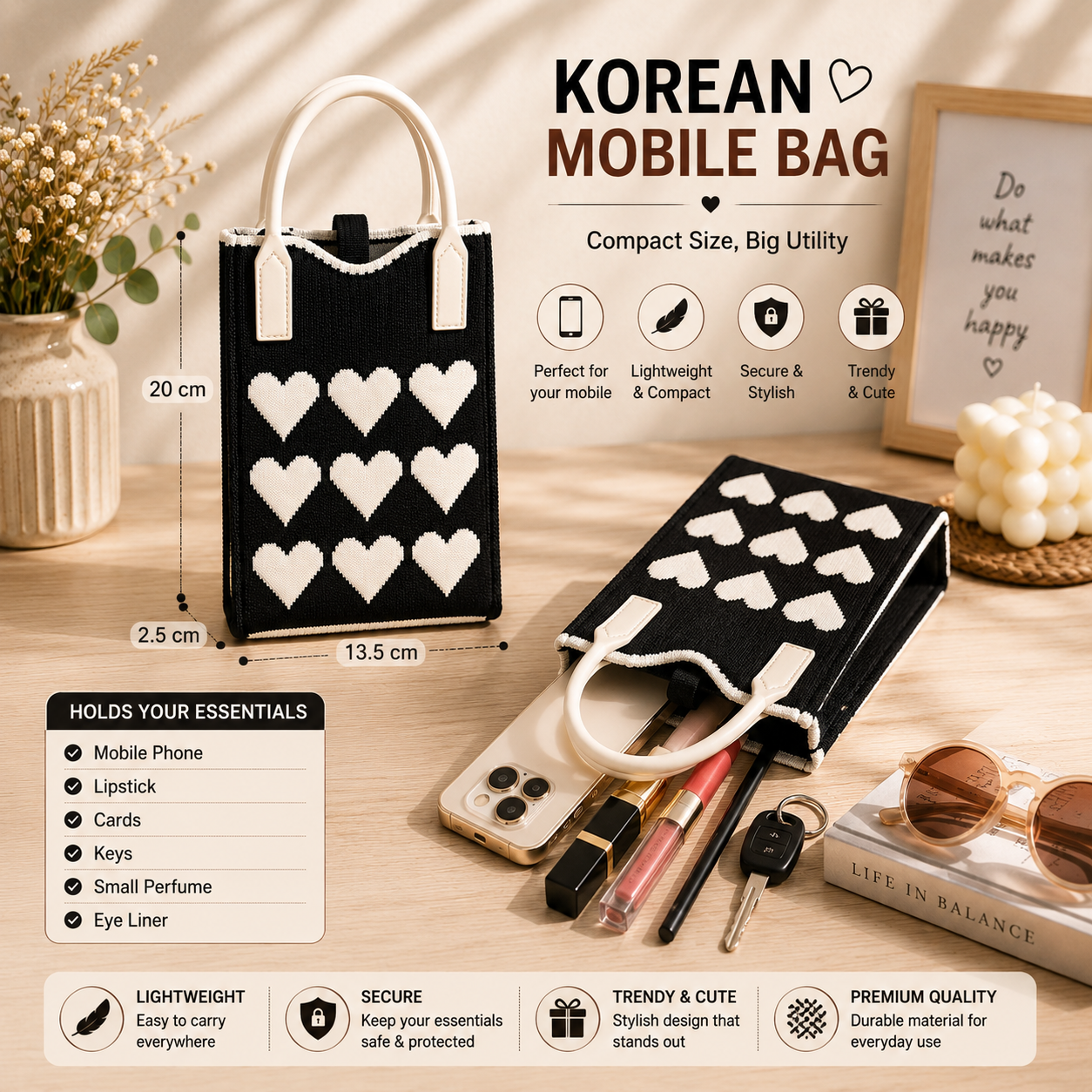 Crossbody Mobile Sling Bag for Women – Cute Utility Bag for Girls & Women, Stylish Phone Pouch with Strap & Silicone Handle, Keychain, Coin, Cosmetics Purse