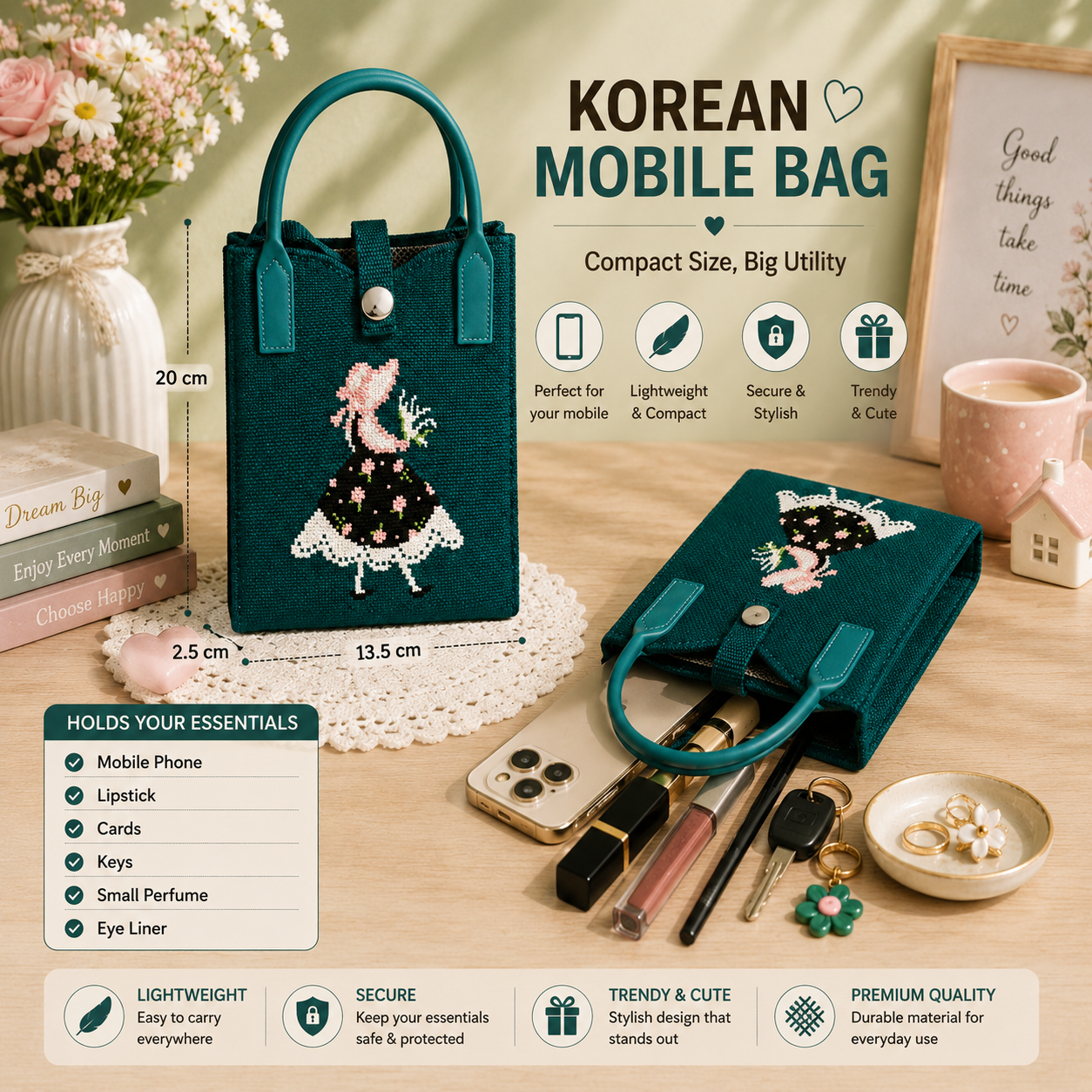 Crossbody Mobile Sling Bag for Women – Cute Utility Bag for Girls & Women, Stylish Phone Pouch with Strap & Silicone Handle, Keychain, Coin, Cosmetics Purse