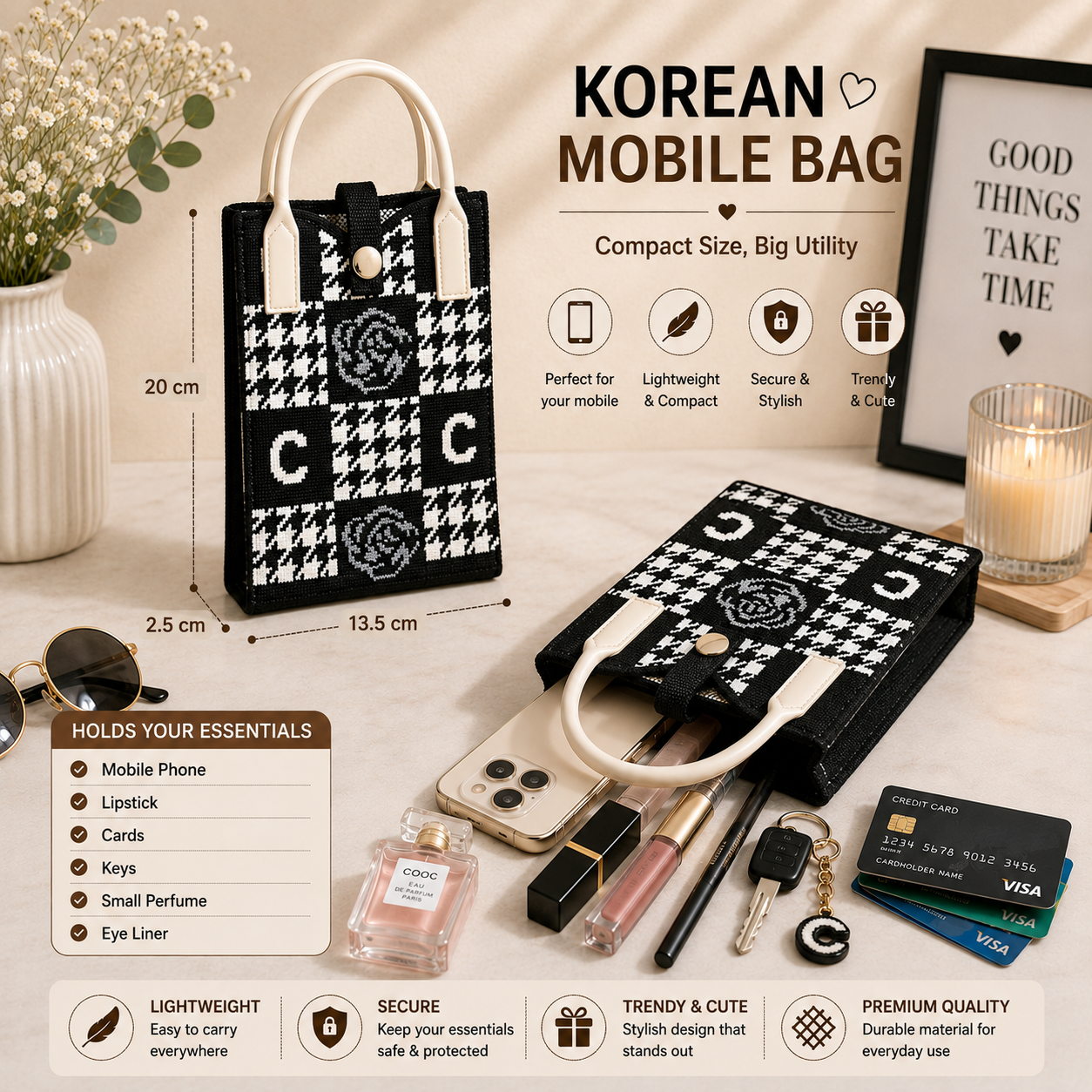 Crossbody Mobile Sling Bag for Women – Cute Utility Bag for Girls & Women, Stylish Phone Pouch with Strap & Silicone Handle, Keychain, Coin, Cosmetics Purse