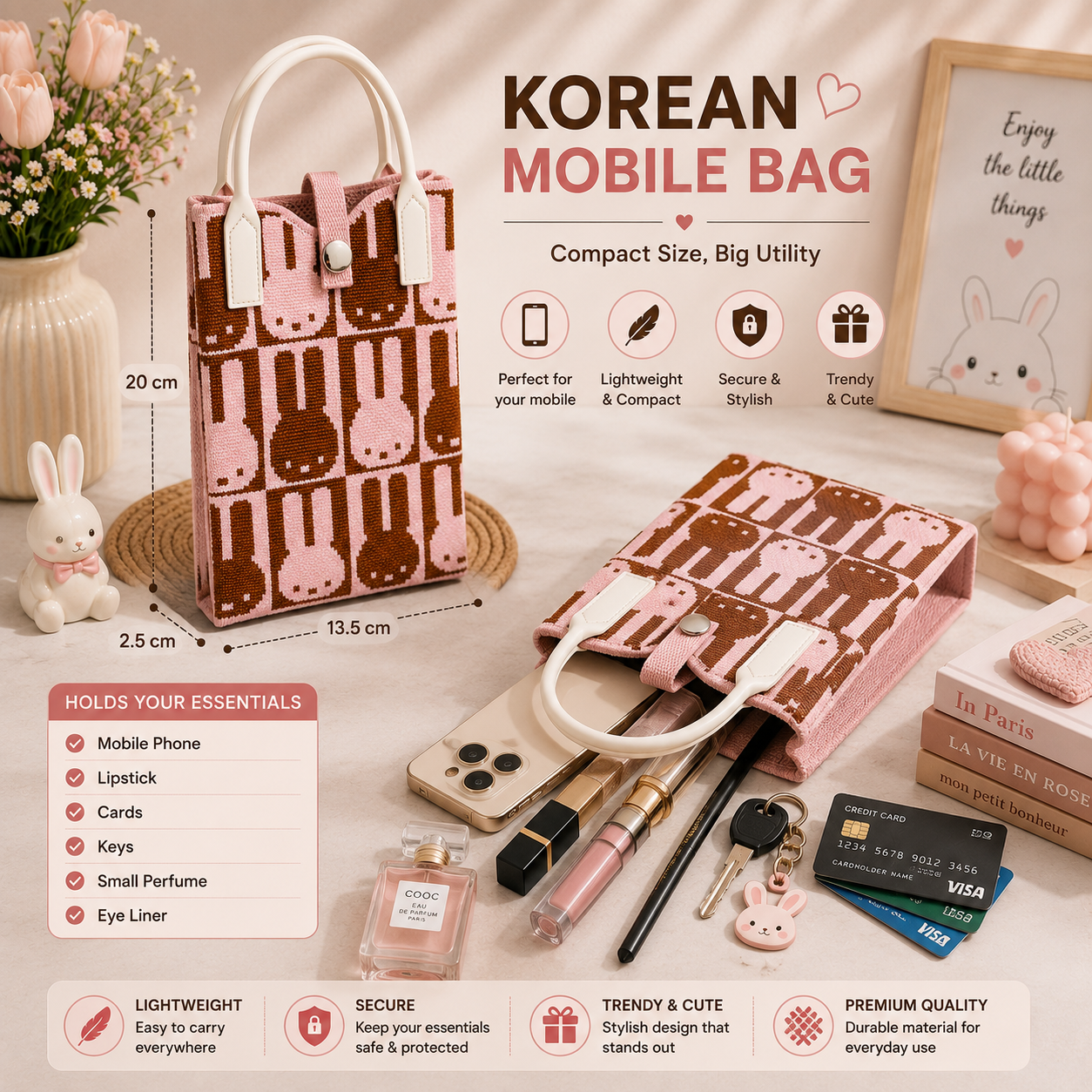 Crossbody Mobile Sling Bag for Women – Cute Utility Bag for Girls & Women, Stylish Phone Pouch with Strap & Silicone Handle, Keychain, Coin, Cosmetics Purse