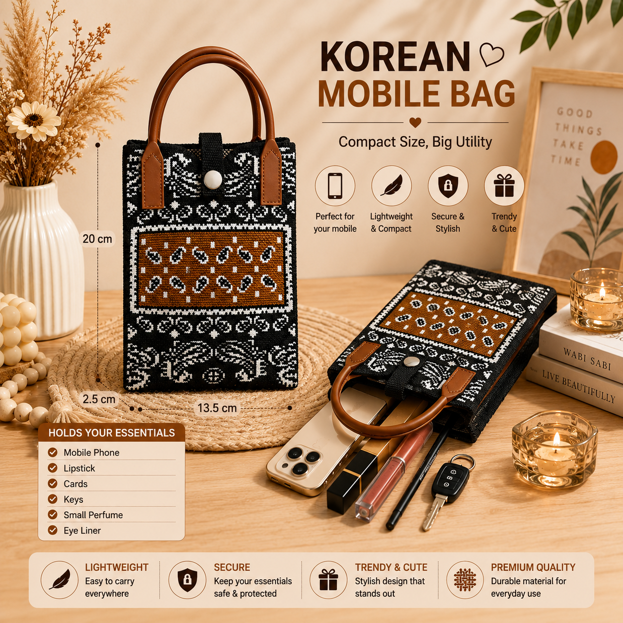 Crossbody Mobile Sling Bag for Women – Cute Utility Bag for Girls & Women, Stylish Phone Pouch with Strap & Silicone Handle, Keychain, Coin, Cosmetics Purse