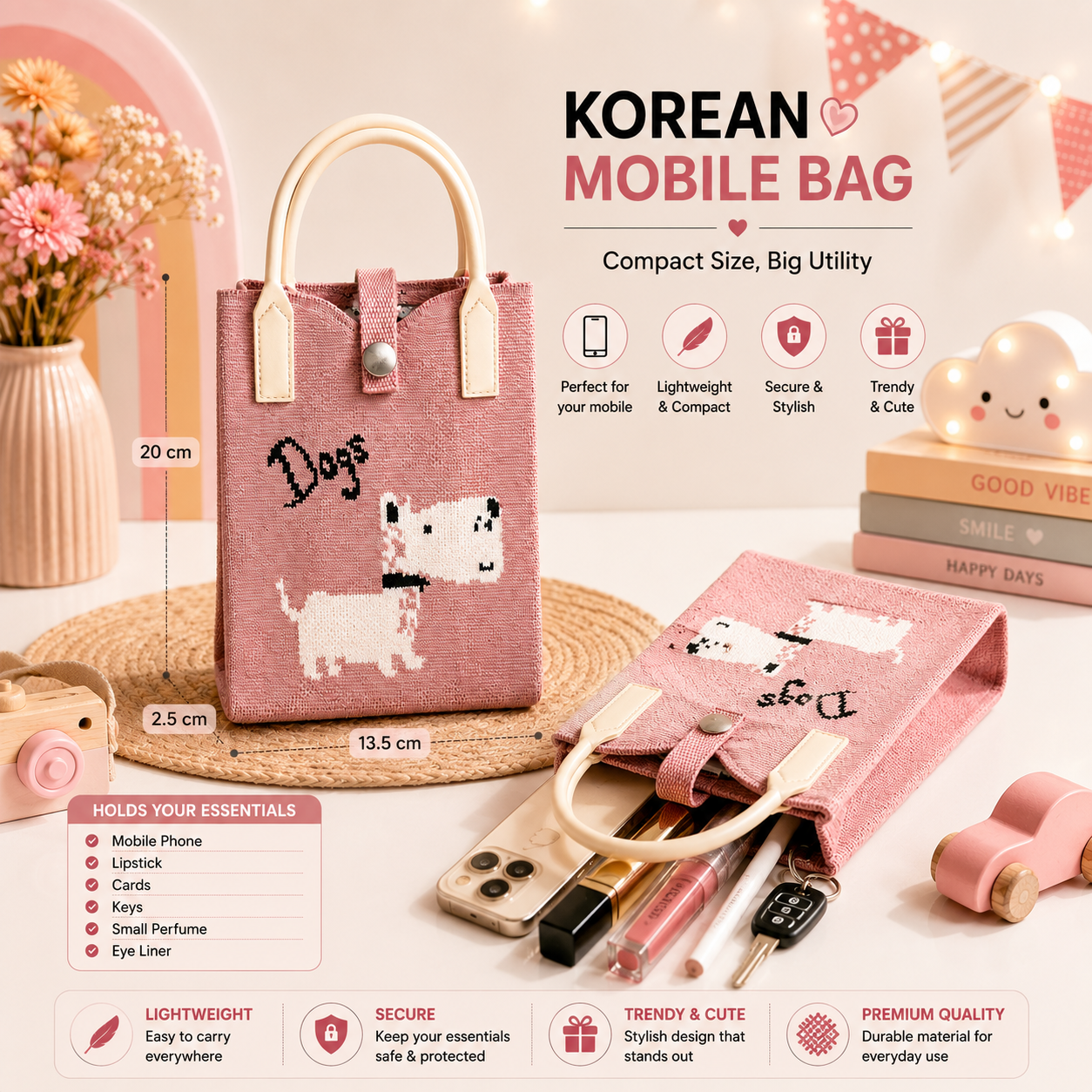 Crossbody Mobile Sling Bag for Women – Cute Utility Bag for Girls & Women, Stylish Phone Pouch with Strap & Silicone Handle, Keychain, Coin, Cosmetics Purse