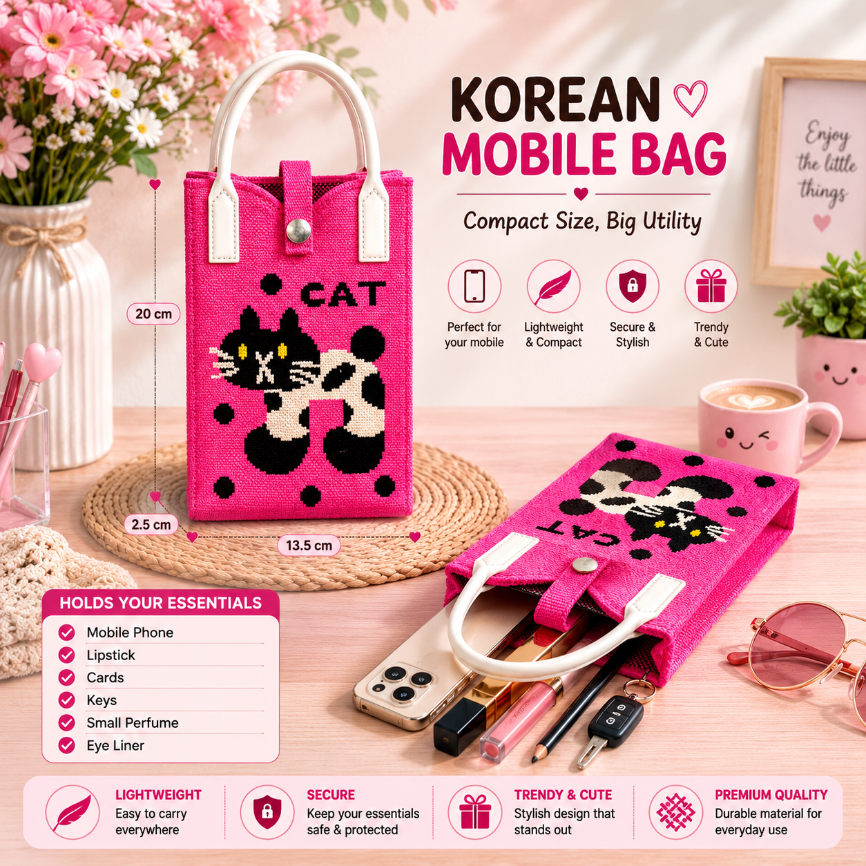 Crossbody Mobile Sling Bag for Women – Cute Utility Bag for Girls & Women, Stylish Phone Pouch with Strap & Silicone Handle, Keychain, Coin, Cosmetics Purse