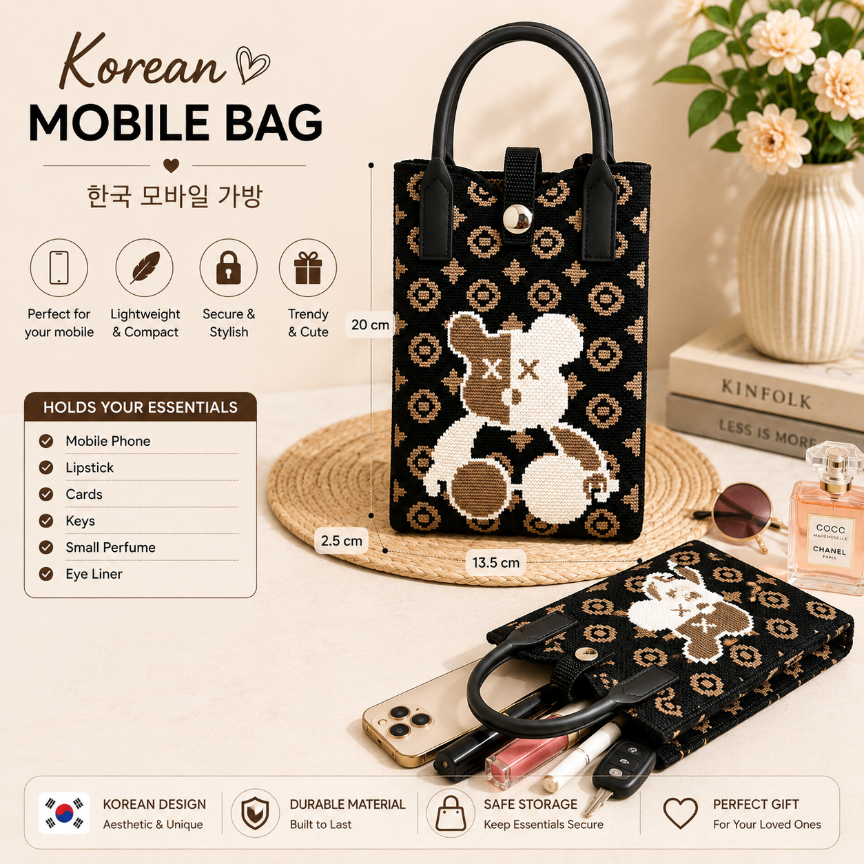 Crossbody Mobile Sling Bag for Women – Cute Utility Bag for Girls & Women, Stylish Phone Pouch with Strap & Silicone Handle, Keychain, Coin, Cosmetics Purse