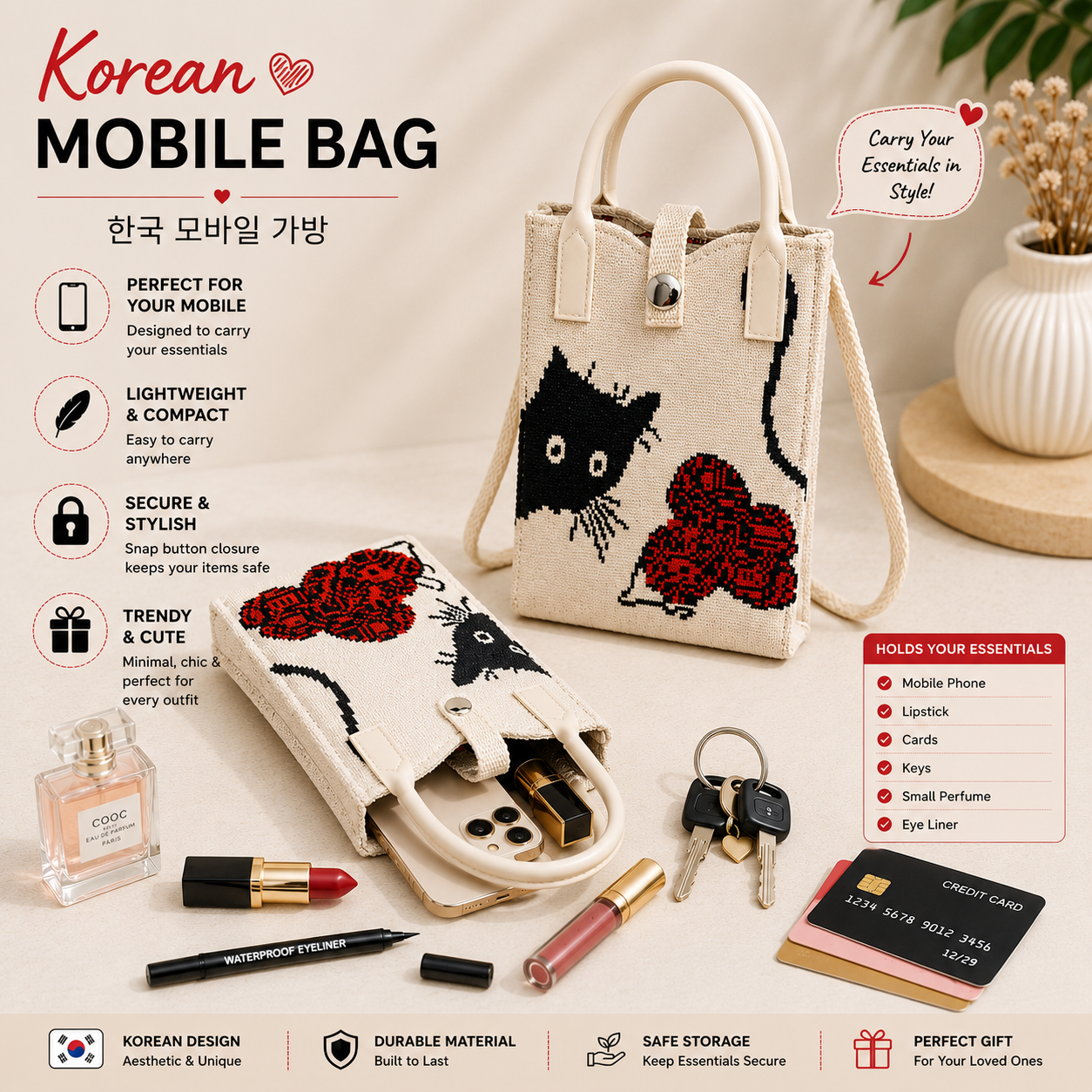 Crossbody Mobile Sling Bag for Women – Cute Utility Bag for Girls & Women, Stylish Phone Pouch with Strap & Silicone Handle, Keychain, Coin, Cosmetics Purse