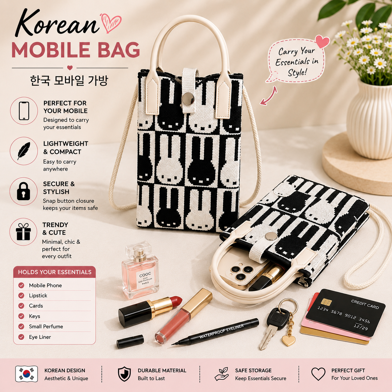 Crossbody Mobile Sling Bag for Women – Cute Utility Bag for Girls & Women, Stylish Phone Pouch with Strap & Silicone Handle, Keychain, Coin, Cosmetics Purse
