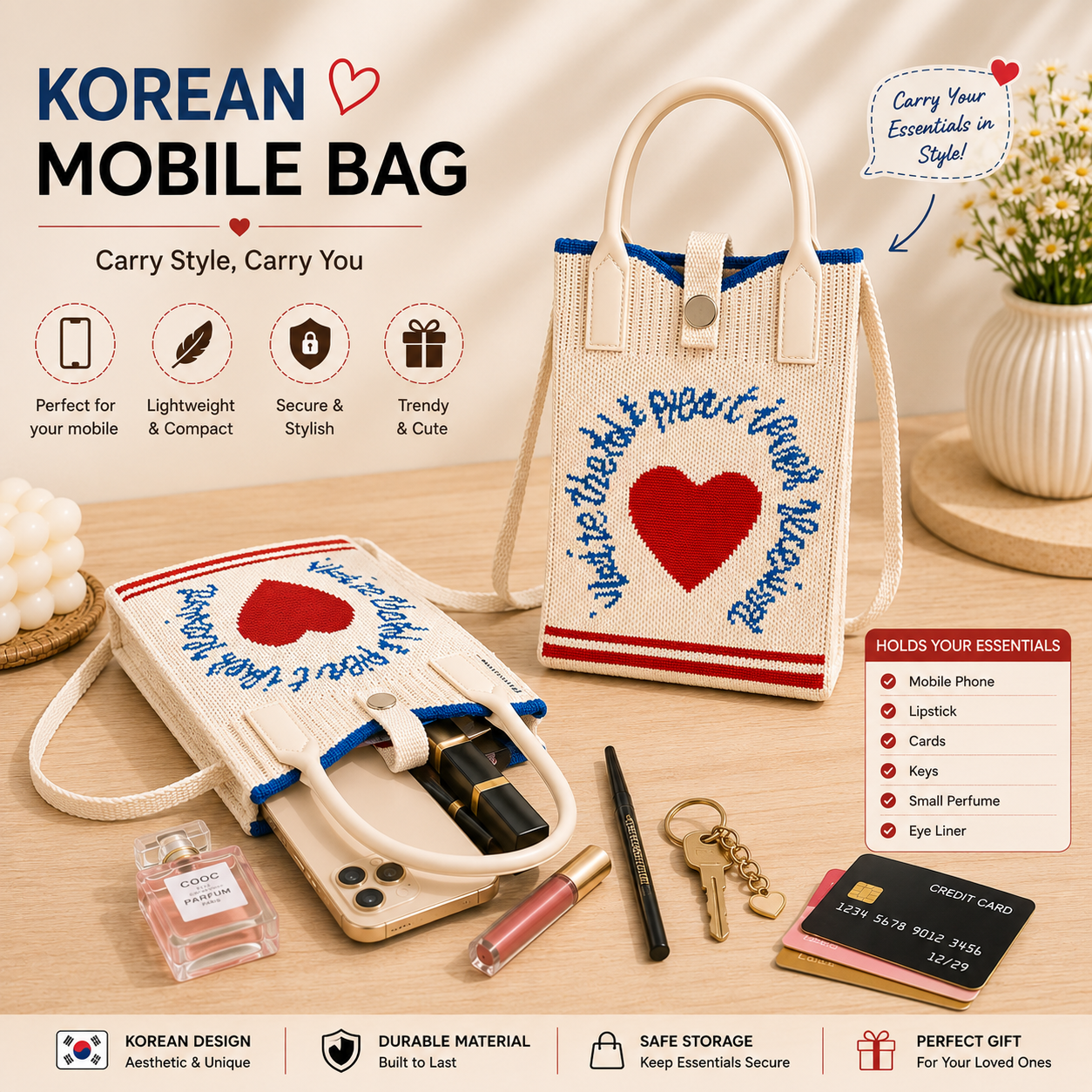 Crossbody Mobile Sling Bag for Women – Cute Utility Bag for Girls & Women, Stylish Phone Pouch with Strap & Silicone Handle, Keychain, Coin, Cosmetics Purse