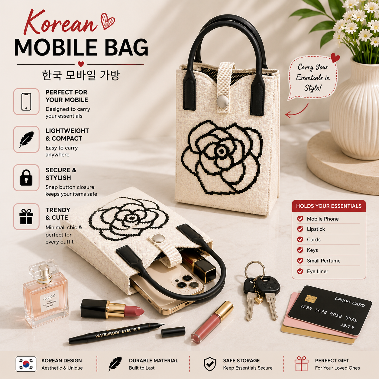 Crossbody Mobile Sling Bag for Women – Cute Utility Bag for Girls & Women, Stylish Phone Pouch with Strap & Silicone Handle, Keychain, Coin, Cosmetics Purse