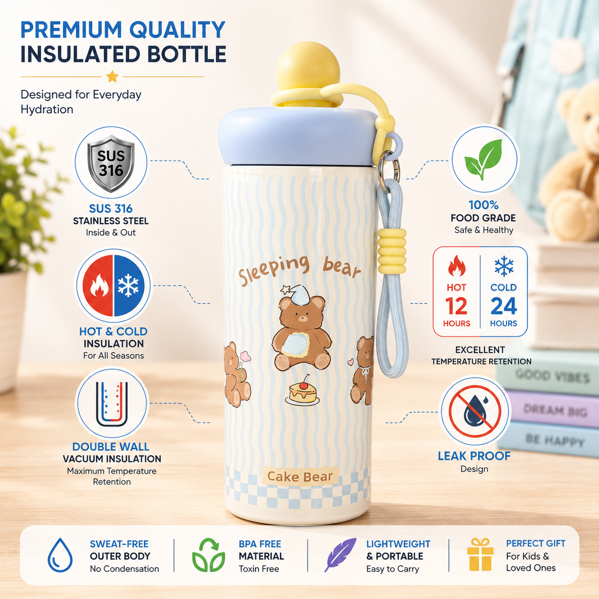 Korean-Inspired Character Water Bottle with Carry Strap | Reusable Printed Drinking Bottle for Everyday Use, School, Office & Travel - 600ml