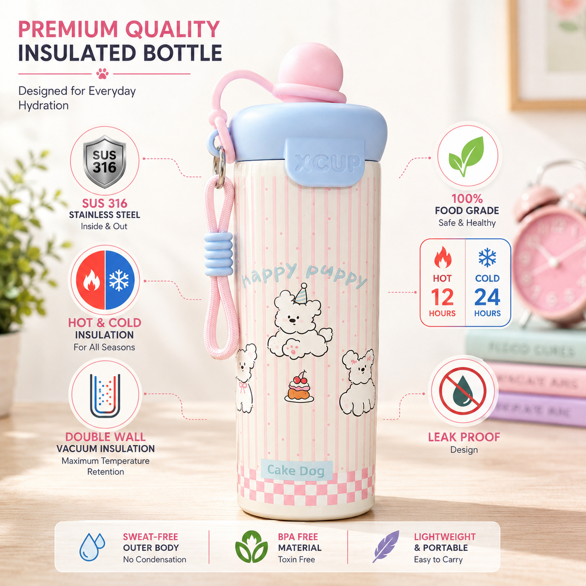 Korean-Inspired Character Water Bottle with Carry Strap | Reusable Printed Drinking Bottle for Everyday Use, School, Office & Travel - 600ml