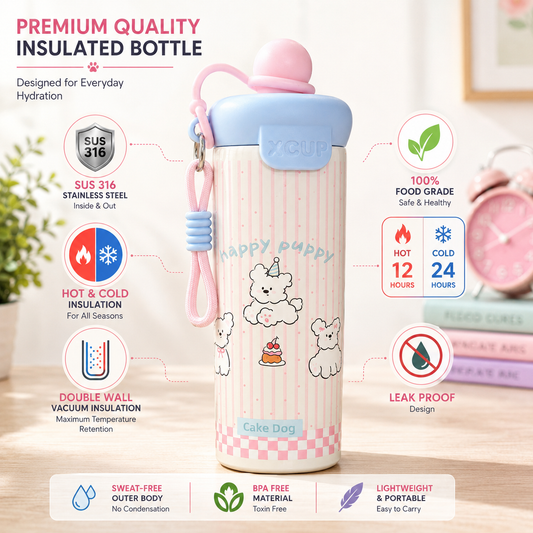 Korean-Inspired Character Water Bottle with Carry Strap | Reusable Printed Drinking Bottle for Everyday Use, School, Office & Travel - 600ml