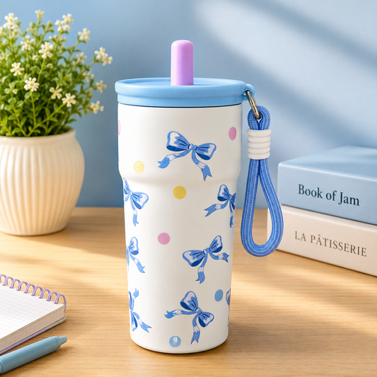 Cute Stainless Steel Water Bottle with Straw Lid & Carry Strap | Reusable Drinking Bottle for Kids, Girls & Adults | Multiple Designs