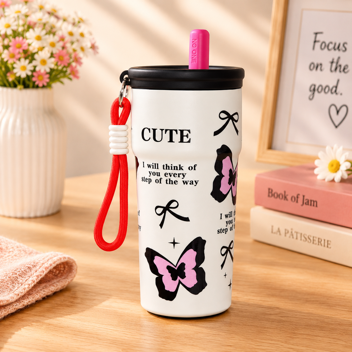 Cute Stainless Steel Water Bottle with Straw Lid & Carry Strap | Reusable Drinking Bottle for Kids, Girls & Adults | Multiple Designs