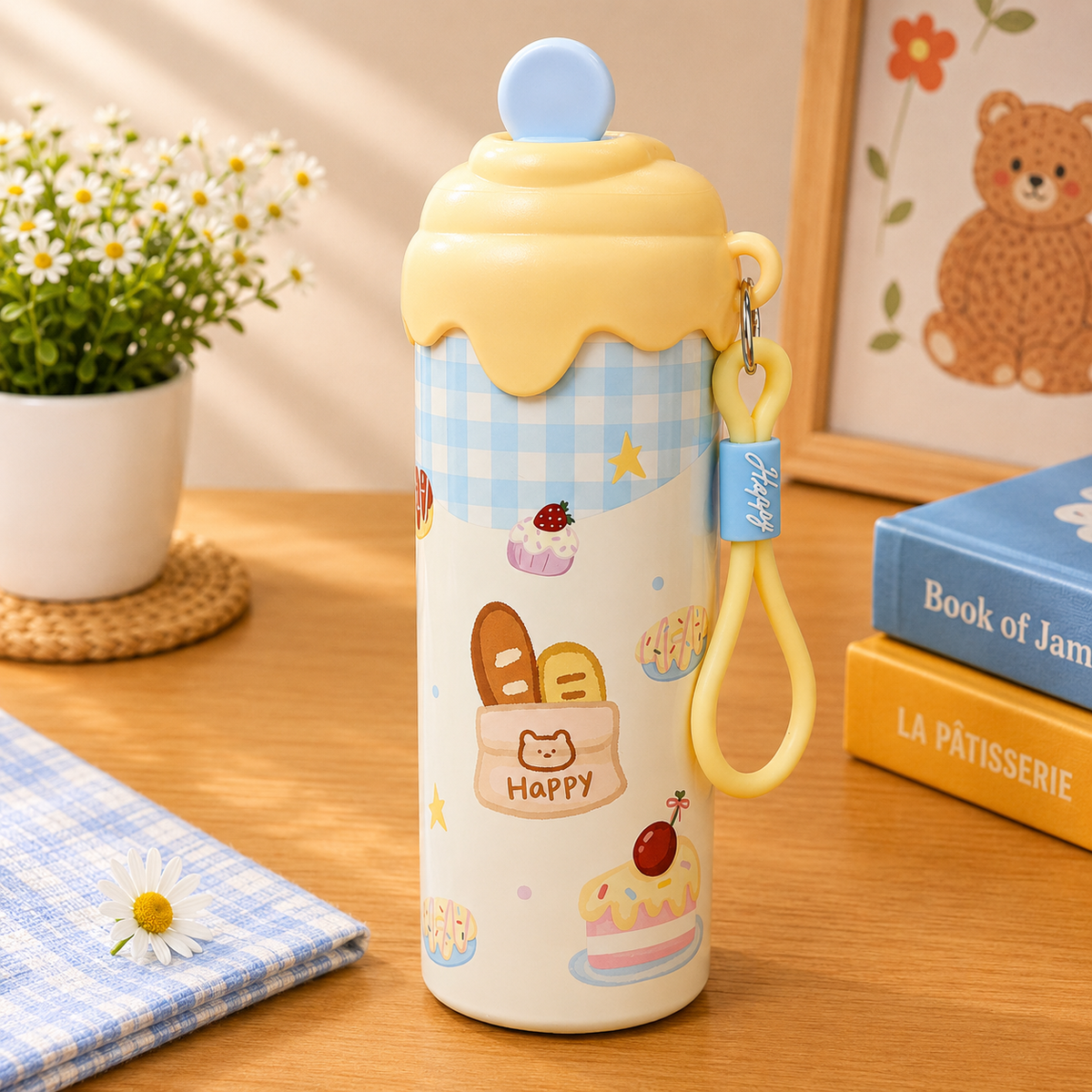 Cute Cartoon Water Bottle with Carrying Strap & Stylish Lid | Reusable Drinking Bottle for All Ages | School, Office, Travel & Daily Use