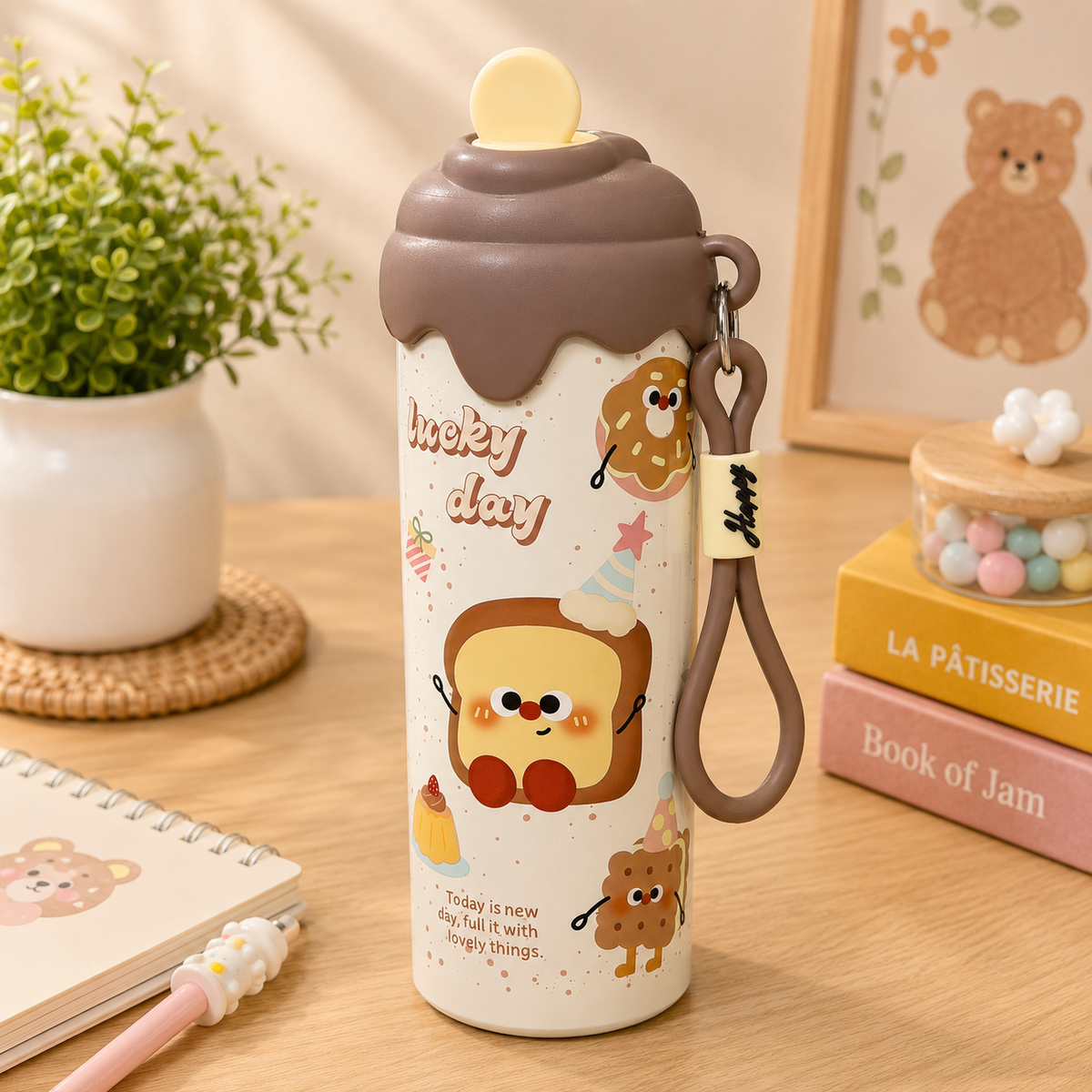 Cute Cartoon Water Bottle with Carrying Strap & Stylish Lid | Reusable Drinking Bottle for All Ages | School, Office, Travel & Daily Use