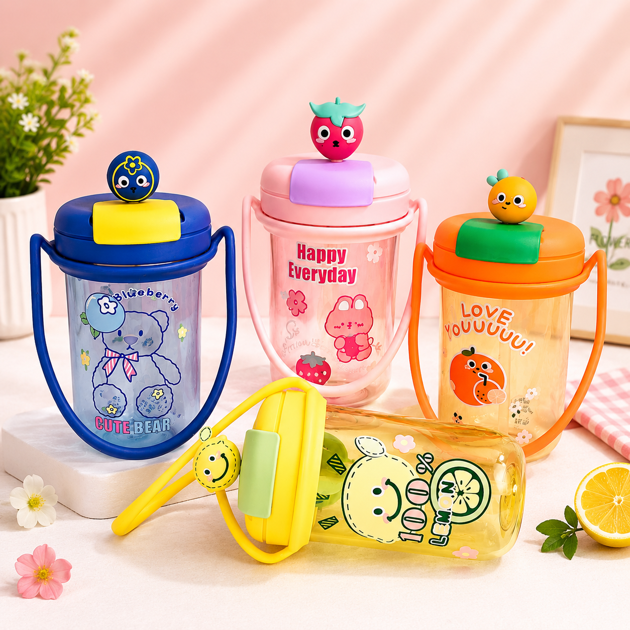 Water Bottle with Straw & Carry Handle, Fruit Infuser Bottle, BPA free 450ml, Silicon Sipper