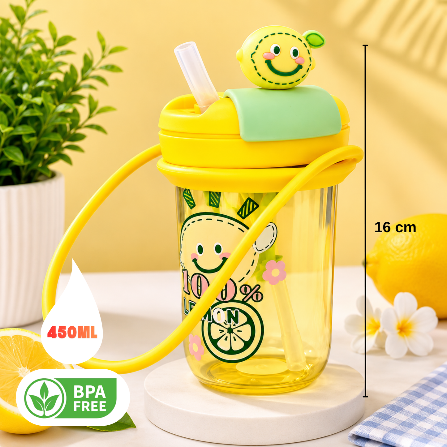 Water Bottle with Straw & Carry Handle, Fruit Infuser Bottle, BPA free 450ml, Silicon Sipper